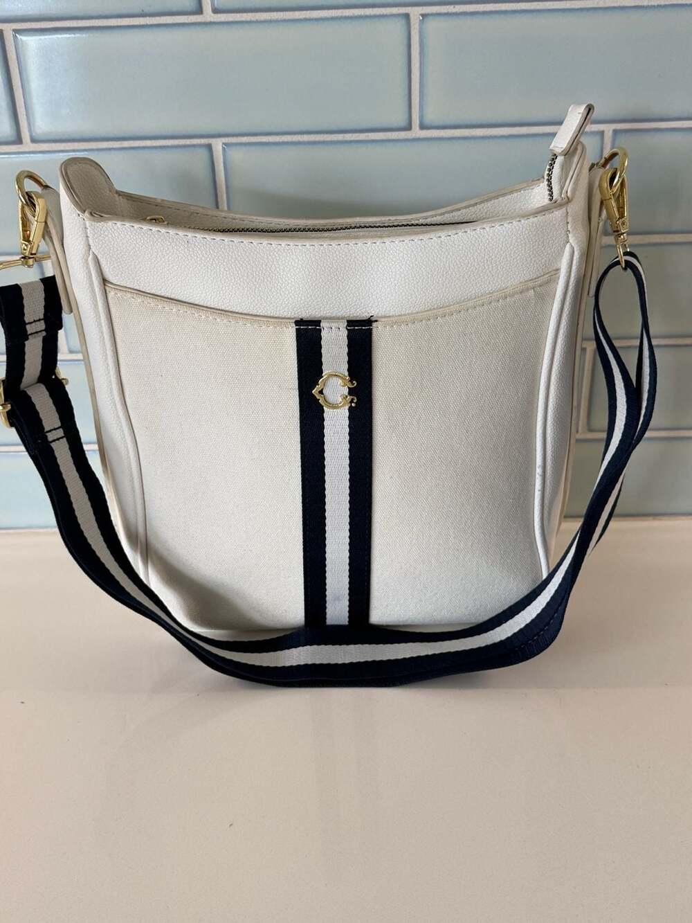 C. Wonder Kiza Canvas and Faux Leather Striped Crossbody Bag